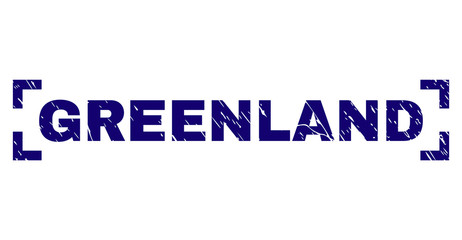 GREENLAND text seal stamp with corroded effect. Text caption is placed between corners. Blue vector rubber print of GREENLAND with corroded texture.