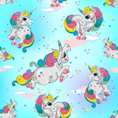 Seamless pattern with magic unicorns. Blue sky background with stars. For boys. Vector.