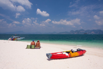 Beach and red Canoe at Andaman sea ,Krabi   Thailand