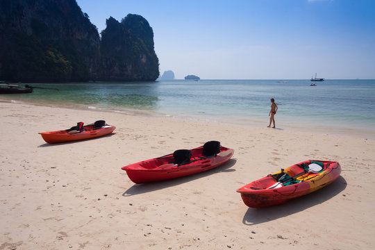 Beach and red Canoe at Andaman sea ,Krabi   Thailand