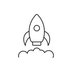 Rocket launch icon. Spaceship startup sign. Spacecraft flight symbol. Thin line icon on white background. Vector illustration.