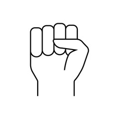 Black flat simple icon style line art. Outline symbol with stylized image of a gesture hand of a human fist to the top. Stroke vector logo mono linear pictogram web graphics.