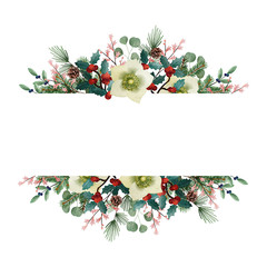 Vintage Christmas greeting card, invitation. Watercolor floral garland made of fir tree and...