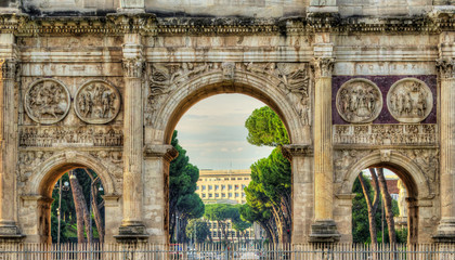 Constantine arch with the UN building in the background, Rome