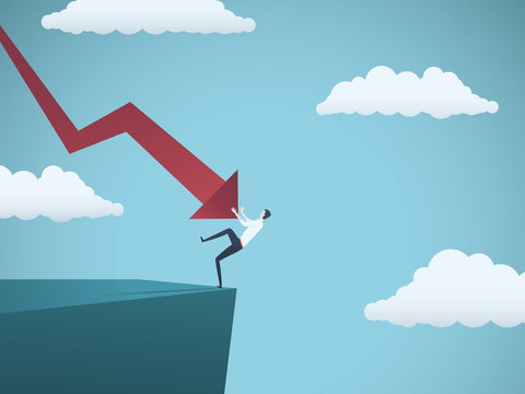 Bankrupt businessman falling off a cliff, pushed by downward arrow. Symbol of bankruptcy, failure, recession, crisis and financial losses on stock exchange market.