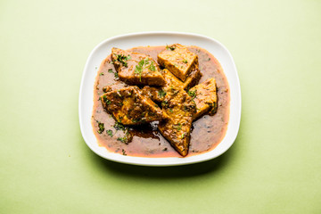 Patodi Rassa Bhaji or patwadi Sabji, a popular Maharashtrian spicy recipe served with Chapati and salad. Selective focus