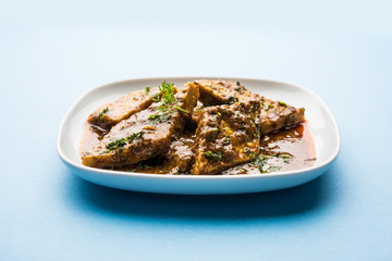 Patodi Rassa Bhaji or patwadi Sabji, a popular Maharashtrian spicy recipe served with Chapati and salad. Selective focus