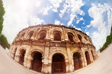 Front view of Coliseum amphitheater in Nimes