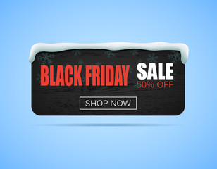 Black Friday sale background with black realistic ribbon banner and snow. Vector illustration