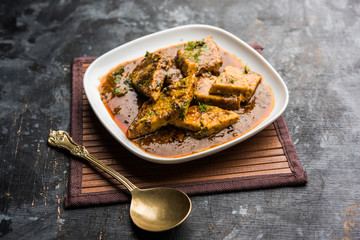 Patodi Rassa Bhaji or patwadi Sabji, a popular Maharashtrian spicy recipe served with Chapati and salad. Selective focus