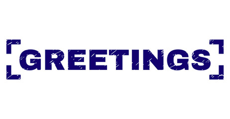 GREETINGS title seal print with grunge texture. Text caption is placed between corners. Blue vector rubber print of GREETINGS with grunge texture.