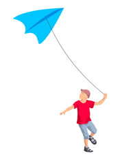Boy playing kite. Vector illustration of a cheerful boy flying kite.