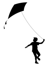 Black outline boy with fly kite.Vector illustration.