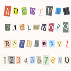 Cut letters of the alphabet and numbers, vector illustration.