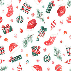 The pattern with watercolors New Year's decorations, gifts and sweets.