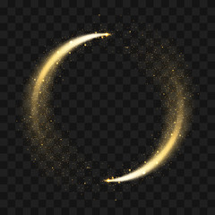 Gold sparkling glitter circle. Vector circle of golden glittering particles with star light trail and shine glow on transparent background © Avector