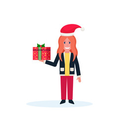 woman holding present gift box happy new year merry christmas concept female cartoon character full length isolated vector illustration