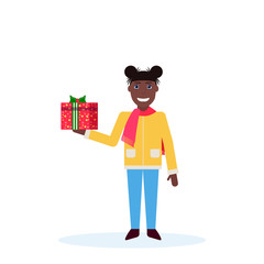 african american woman holding present gift box happy new year merry christmas concept female cartoon character full length isolated vector illustration
