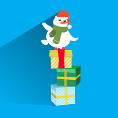 snowman wearing red hat standing on wrapped gift box present stack merry christmas happy new year holiday concept flat vector illustration