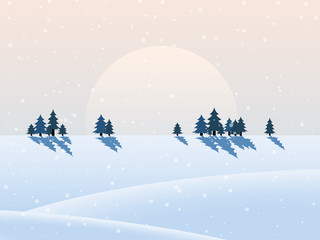 Fototapeta na wymiar Winter woodland landscape with spruce fir trees and snowflakes, white and blue silhouettes. Vector
