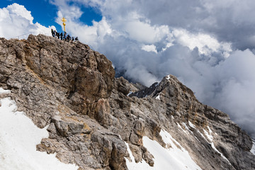 View of the summit of Zugspitze, the highest mountain of the Bavarian Alps, home to three glaciers...