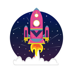 Fototapeta premium Flat bright cartoon spaceship in a starry sky.