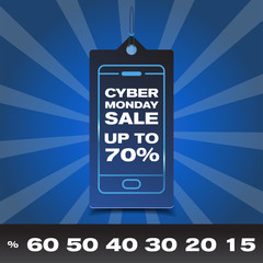 Naklejka premium Cyber Monday mobile concept sale and discount with typographic design in a hanging label tag 