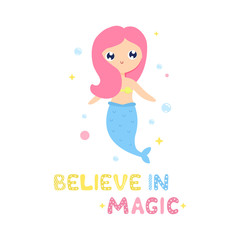 Fototapeta na wymiar Cute cartoon mermaid vector illustration. Believe in magic card, print.