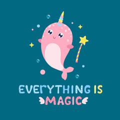 Cute narwhal and magical items vector illustration. Everything is magic card, print © Svetlana