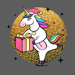 Vector illustration of fantasy skating unicorn with christmas present. Cartoon style design