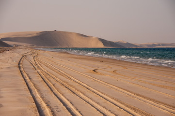 Tyre tracks in desert near the sea