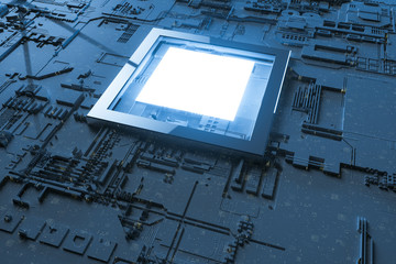3d rendering, Circuit board and gold glow chip