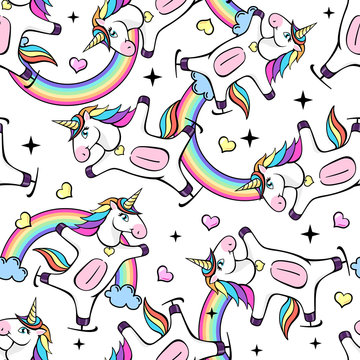 Seamless pattern with fantastic unicorn. Cartoon children background