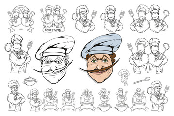 Obraz premium chef cook standing in a different pose, restaurant boss, cartoon chef in uniform, cook logo, chef hat, professional chef cook, head of kitchen, vector graphics to design
