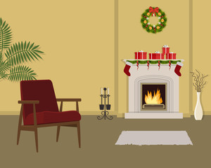 Beige living room with fireplace, decorated with Christmas decorations. The room also has a red armchair, a Christmas wreath, gift boxes and a vase with decorative branches. Vector illustration.