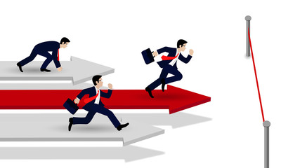 Businessman competing run on the arrow red and white. go to target business success. Move forward to the goal. leadership. creative idea. cartoon vector illustration