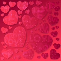 Red pink hearts with confetti, sparkles and lettering love and on pink background. illustration for Happy Valentines Day