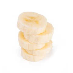 Stack pile of banana slices isolated on the white background