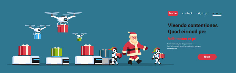 santa claus with modern robot helper team drone present delivery service gift box merry christmas happy new year concept artificial intelligence flat horizontal copy space vector illustration