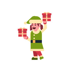 girl elf santa claus helper hold gift box present merry christmas holiday happy new year concept female cartoon character full length flat vector illustration