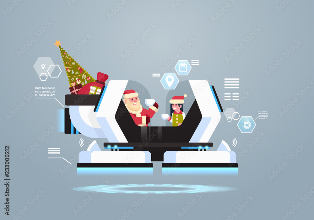 Wall mural Santa with elf drink coffee in robotic modern sleigh artificial intelligence merry christmas happy new year greeting card winter holidays concept horizontal flat vector illustration