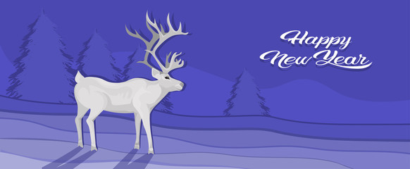 white deer cartoon animal reindeer flat fir tree landscape background christmas greeting card horizontal vector illustration