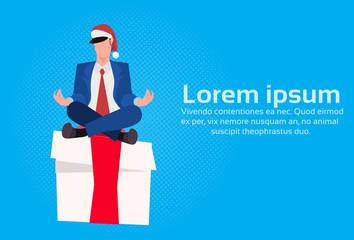 businessman wearing red hat sitting gift box present lotus pose male cartoon character flat horizontal vector illustration