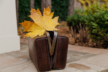 Leather bag is on brick fence