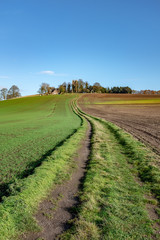 Fototapeta na wymiar Winding country track towards church on hill