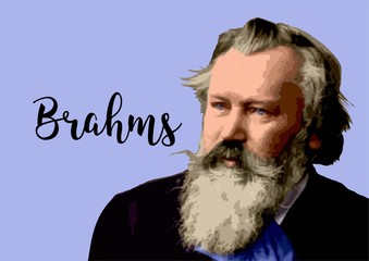 Great composers - Johannes Brahms with blue bacground and vector signature