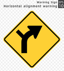 Road Sign. Warning. Horizontal alignment warning.  Vector Illustration on Transparent Background