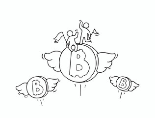 Cartoon concept with flying bitcoins and little people.