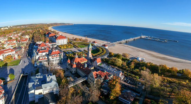 Aerial panorama landscape of Sopot city with sea view