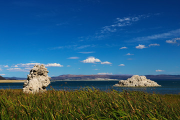Mono Lake, a large, shallow saline soda lake in Mono County, California, with tufa rock formations